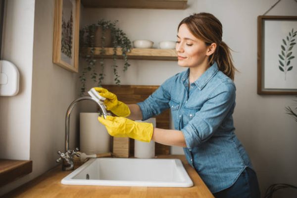Young woman cleaning  sink with a sponge and spray.